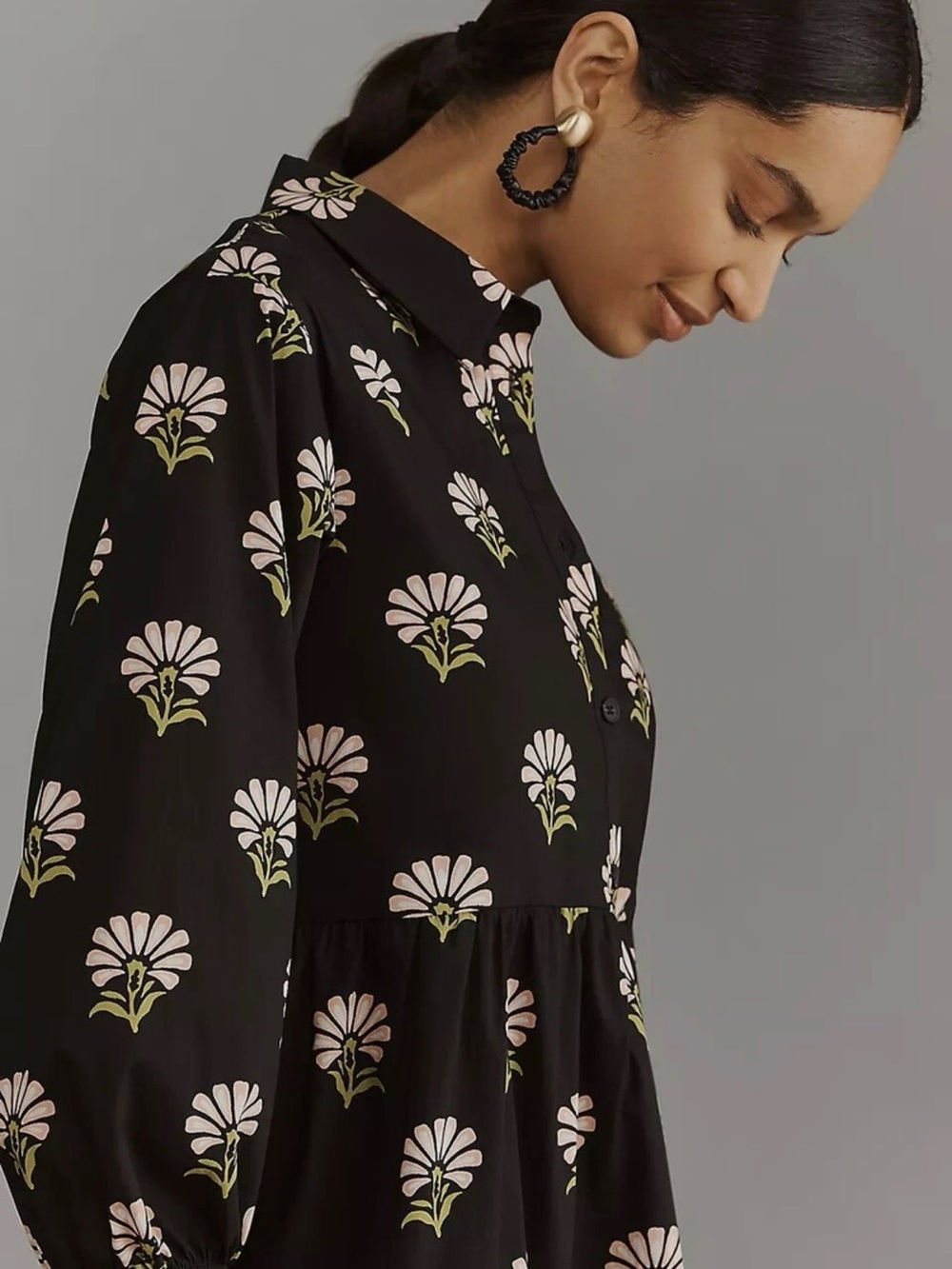 Maeve Bettina Shirt Dress Anthropologie Tiered Buttondown Black Floral - Picture 5 of 5